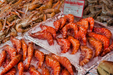 At the fish market in Paris, counter with langoustines, France