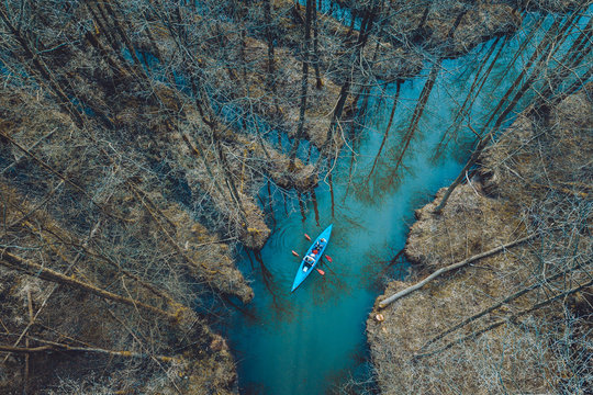 Aerial view of people kayaking on river