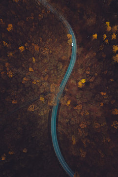 Aerial of a car driving on a curved road