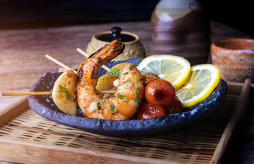 Skewers Barbeque grilled prawns.