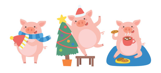Celebrating Christmas with Cute pig in different situations.Symbol of the year in the Chinese. Vector illustration