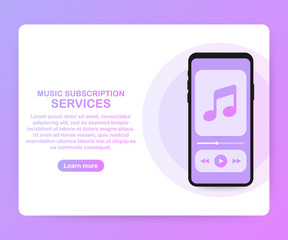Music subscription services landing page website template. Vector isometric smartphone with headphones. Vector Illustration.