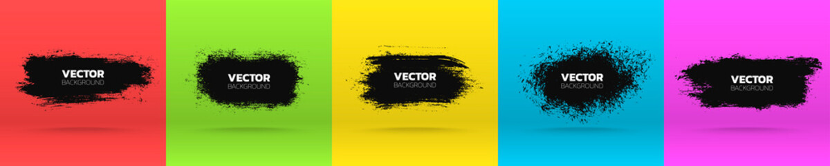 Grunge backgrounds set. Brush black paint ink stroke various banners. Vector illustration