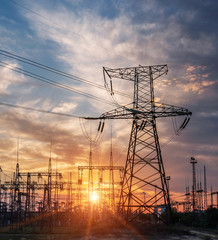 High-voltage power lines. Electricity distribution station. high voltage electric transmission...