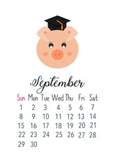 Vector cartoon style illustration of September 2019 year cute calendar page with pink pig with graduation cap. Template for print.