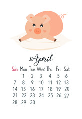 Vector cartoon style illustration of April 2019 year cute calendar page with pink pig laying on pillow . Template for print..