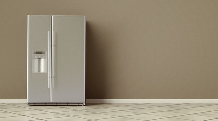 Modern side by side Stainless Steel Refrigerator. Fridge Freezer interior. 3d rendering