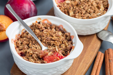 Plum crumble pie or plum crisp with oats and spices, in baking dish, horizontal