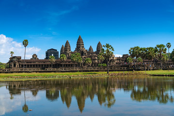 Cambodia, the old temple of Angkor Wat. View of the main entrance.
