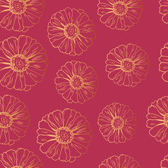 Fototapeta na wymiar Seamless pattern with gold flowers zinnia, camomile for textile, bedlinen, pillow, undergarment, wallpaper.