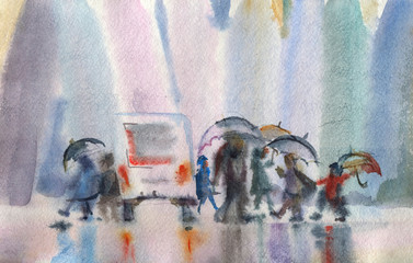 rainy street at crosswalk and people with umbrellas