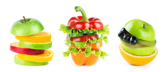 Stack of mixed fruit and vegetable slices on white