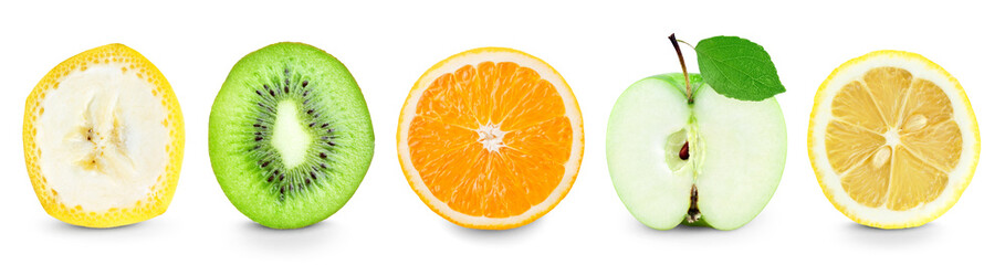Collection of fruit slices on white