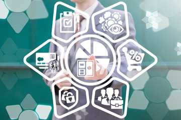 Business man pushing a round diagram calculator button on a virtual screen. Report finance business...