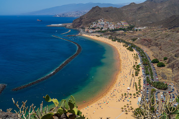 The famous white sand beach Playa de Las Teresitas. Tenerife. Canary Islands. Spain. View from the observation deck - Mirador Las Teresitas.