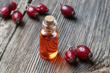 A bottle of rose hip seed oil with dried rose hips
