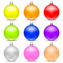 Colorful Realistic Christmas Balls Set isolated on white background. Holiday Christmas Toy for Fir Tree. Vector Illustration for Your Design.