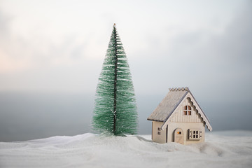 Wooden house with spruce in the snow in the sunlight