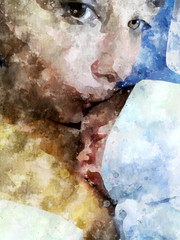 Mother kissing newborn baby boy digitally created watercolour image