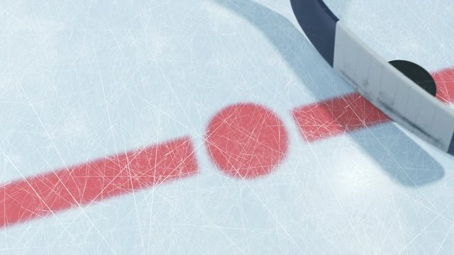 Hockey Puck Falling on Ice and Hockey Stick Taking it out. Slow Motion Close-up Beautiful 3d animation with and without DOF Blur and Lens Flares. Active Sport Concept. ID Mask. 4k Ultra HD 3840x2160.