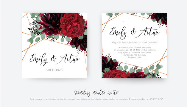 Wedding vector Floral invite, invitation save the date card design. Watercolor style Red wine rose flower, burgundy dahlia, eucalyptus silver dollar branches, berries & trendy copper geometrical frame