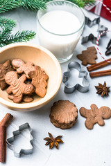 Christmas gingerbread cookies with glass of milk