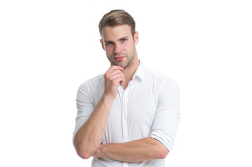 What if. Man with bristle serious face thinking white background. Guy bearded thoughtful touches bristle on chin. Thoughtful mood concept. Man with beard or unshaven guy thinking about. Need to think