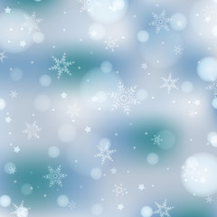 Fototapeta na wymiar Light blue winter background with snowflakes, lights and stars. Abstract background in light blue and white colors for banner, poster, card, wallpaper. Suitable for Christmas, New Year. EPS 10