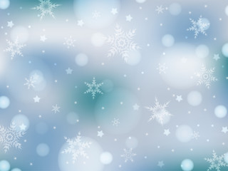 Light blue background with snowflakes, stars and lights. Abstract winter background in light blue and white colors for banner, poster, postcard, wallpaper. Suitable for New Year and Christmas. EPS 10