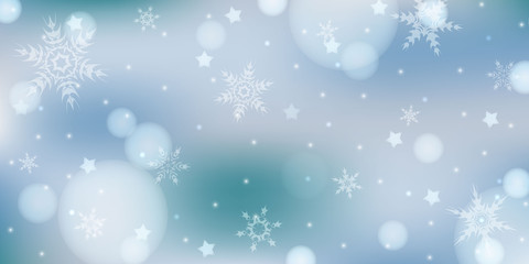 Fototapeta na wymiar Light blue winter background with snowflakes, stars and lights. Abstract magic background in blue and white colors for banner, poster, postcard, wallpaper. Suitable for New Year, Christmas. EPS 10