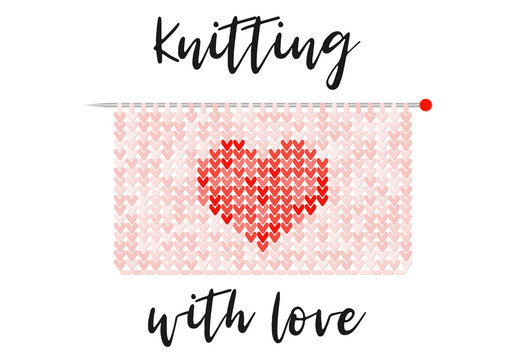 Knitted fabric in pink shades with a red heart. Vector illustration