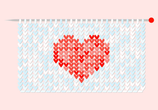 Knitted fabric in blue shades with a red heart. Vector illustration
