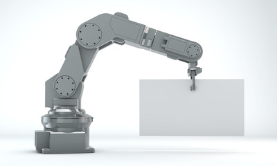 Robotic 3d render on white background. Mechanical hand and empty banner. Modern industrial technology