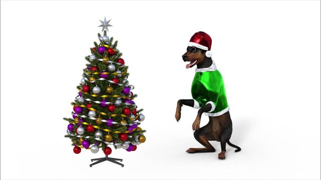 dog dressed as Santa is sitting by the Christmas tree, Animation