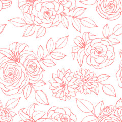 Vector seamless pattern with rose, lily, peony and chrysanthemum flowers pink line art on the white background. Hand drawn floral ornament of blossoms in sketch style. For wrapping paper and textile. - 238628376
