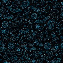 Vector seamless pattern with Saturn planet, moon, stars, flying rockets, satellites, UFO and astronauts on the textured background. Hand drawn space elements outline. - 238628379