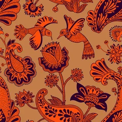 Behangcirkel Vector seamless pattern, decorative indian style. Stylized flowers and birds on the red background. Colorful cartoon illustration. Design for textile, fabric, postcard, cover, print, gift paper © sunny_lion