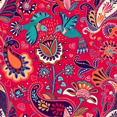 Meubelstickers Vector seamless pattern, decorative indian style. Stylized flowers and birds on the red background. Colorful cartoon illustration. Design for textile, fabric, postcard, cover, print, gift paper © sunny_lion