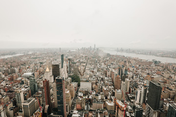 View of Manhattan New York City Skyline Buildings. Rainy day in New York.