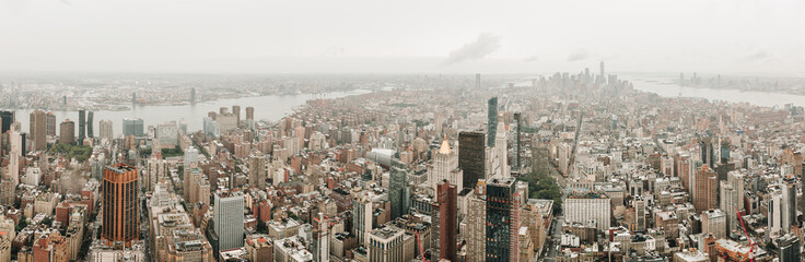 Panorama view of Manhattan New York City Skyline Buildings. Rainy day in New York.