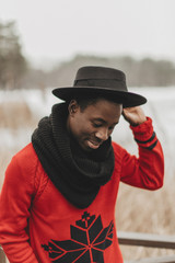  portrait of a young  man outside, winter