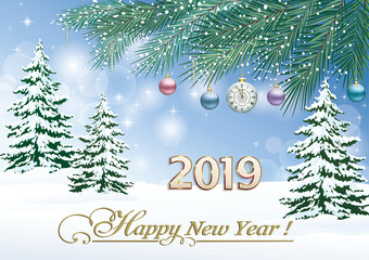 2019 Christmas background with winter nature, with a clock and balls on the Christmas tree branches