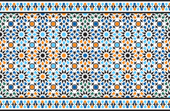 Seamless Arabic Color Ornament. Frieze. Horizontal Moroccan Seamless Geometric Pattern. Islamic Background, Textiles, Tile, Fabric, Interior And Exterior Elements, Mosque.1