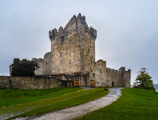 Fototapeta na wymiar Ross Castle Ruins, a 15th-century tower house and keep on the edge of Lough Leane, Killarney National Park, County Kerry, Ireland.