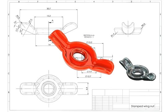 3d illustration of stamped wing nut above engineering drawing