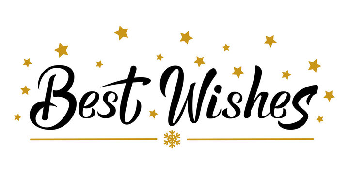 Best wishes black hand lettering template. Celebration text with golden stars. For winter holiday design, postcard, invitation, banner, poster.  Modern calligraphy. Vector illustration EPS10. 
