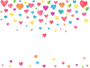 Watercolor hearts falling on white background. Colorful rainbow heart confetti. Valentines day watercolor design elements. Romantic frame for wedding invitation, birthday card. Vector illustration