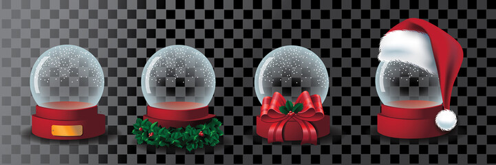 Transparent snow globe collection with golden plaque, holly, bow, and Santa Claus hat. Eps10 vector illustration. - 238634591