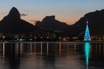 Sunset with Christmas Tree at Rodrigo de Freitas Lake, Rio de Janeiro