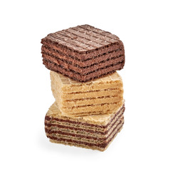 Stack of mixed square wafer biscuits isolated on white